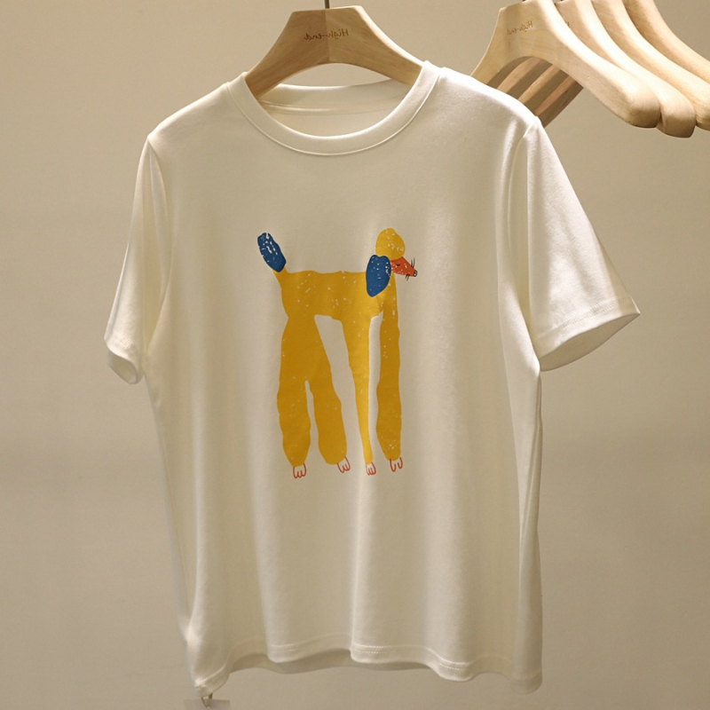Ženska T-shirt s karikaturnim printom, okrugli izrez, kratke rukave, bijela, proljeće-ljeto 2025, ležerni gradski stil