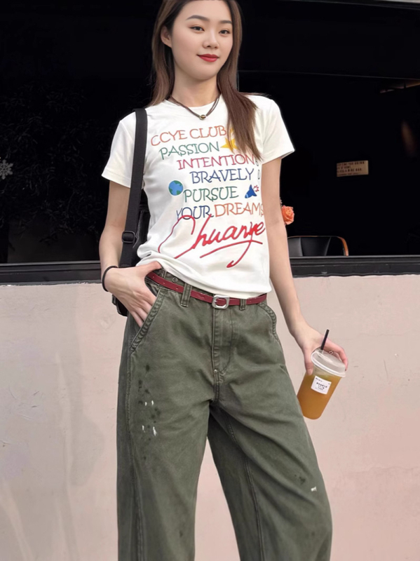 Ženski pamuk T-shirt s printom slova, kratkim rukavima, okruglim izrezom