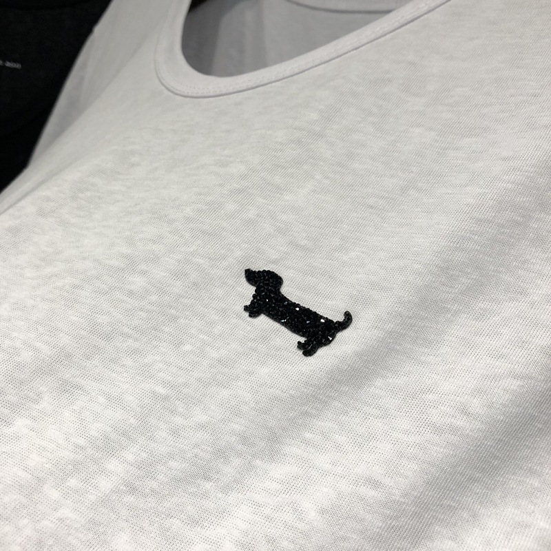 Ženski pamuk T-shirt s kristalima, jednobojna, okrugli vrat, kratki rukavi, srednja duljina 50–65 cm, korejski ležerni stil