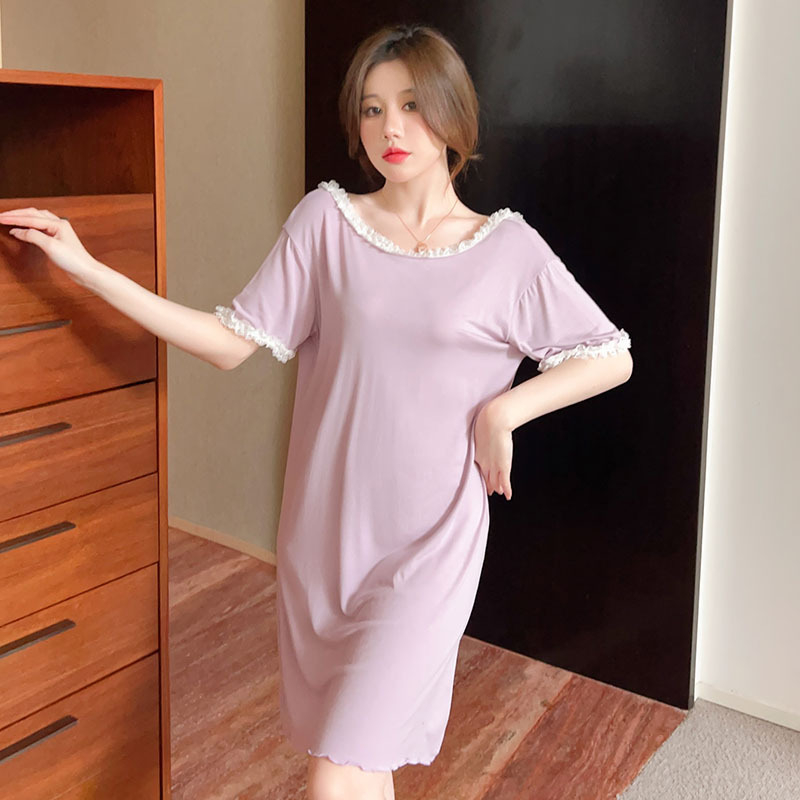 Νυχτικό από Modal με δαντέλα - sexy στυλ, μανίκια 3/4, λαιμόκοψη μονής γραμμής, μεσαίο μήκος φούστας, εξαιρετικά παχύ ύφασμα