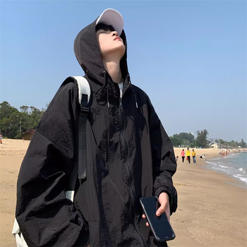 Εξωτερικό μπουφάν προστασίας από τον ήλιο με κουκούλα, λεπτό ύφασμα, χαλαρή εφαρμογή, πολυεστερική ανάμειξη, φερμουάρ