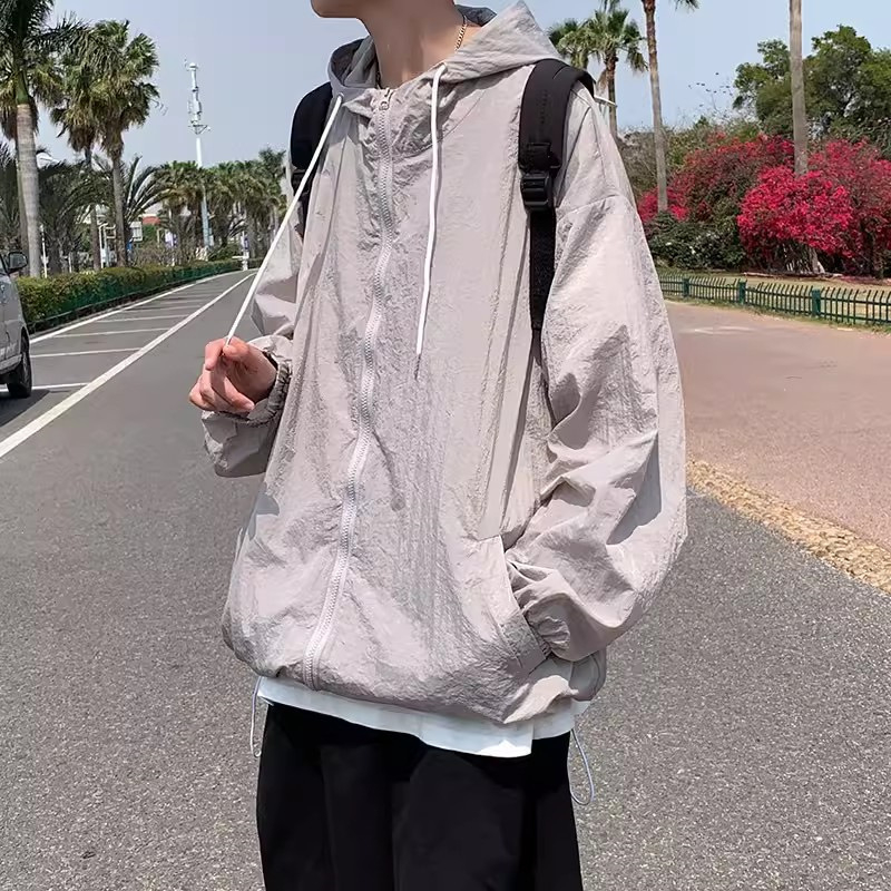 Εξωτερικό μπουφάν προστασίας από τον ήλιο με κουκούλα, λεπτό ύφασμα, χαλαρή εφαρμογή, πολυεστερική ανάμειξη, φερμουάρ