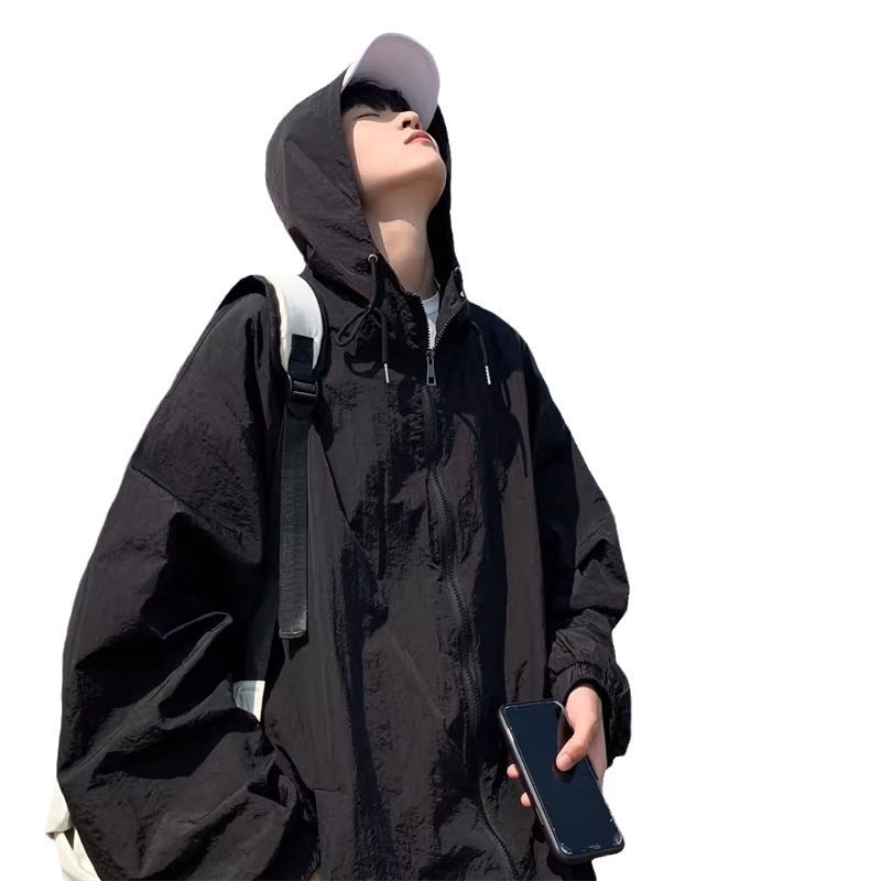 Εξωτερικό μπουφάν προστασίας από τον ήλιο με κουκούλα, λεπτό ύφασμα, χαλαρή εφαρμογή, πολυεστερική ανάμειξη, φερμουάρ