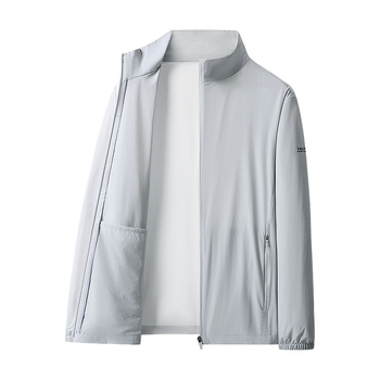 Ανδρικό ελαφρύ μπουφάν προστασίας από τον ήλιο για το καλοκαίρι, 90% νάιλον, 10% σπάντεξ, λεπτό, φερμουάρ μπροστά, όρθιος γιακά