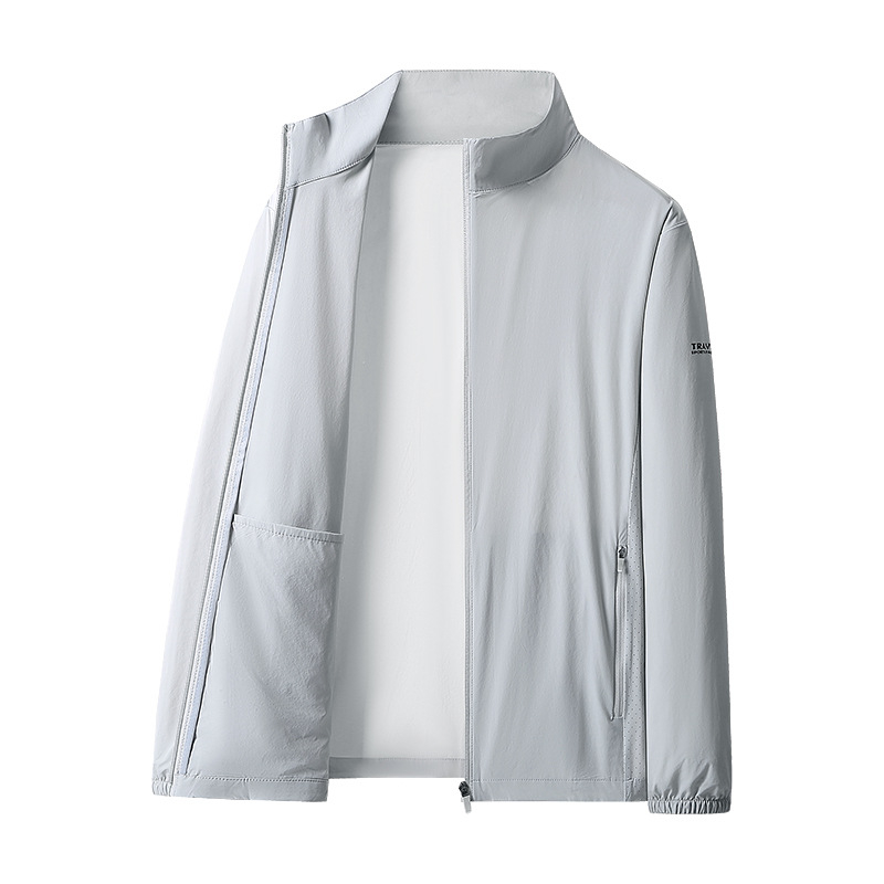 Ανδρικό ελαφρύ μπουφάν προστασίας από τον ήλιο για το καλοκαίρι, 90% νάιλον, 10% σπάντεξ, λεπτό, φερμουάρ μπροστά, όρθιος γιακά