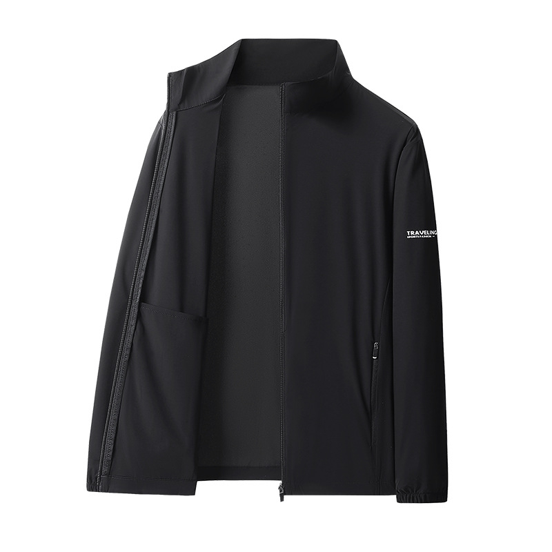 Ανδρικό ελαφρύ μπουφάν προστασίας από τον ήλιο για το καλοκαίρι, 90% νάιλον, 10% σπάντεξ, λεπτό, φερμουάρ μπροστά, όρθιος γιακά