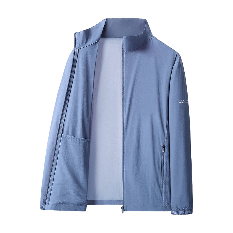 Ανδρικό ελαφρύ μπουφάν προστασίας από τον ήλιο για το καλοκαίρι, 90% νάιλον, 10% σπάντεξ, λεπτό, φερμουάρ μπροστά, όρθιος γιακά