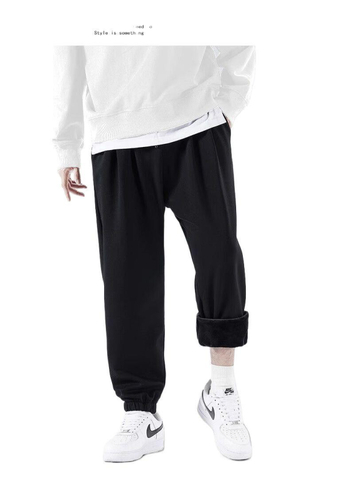 Férfi sportnadrág fleece-béléssel, vastag, magas derék, mikro-elasticitás, egyenes szabás