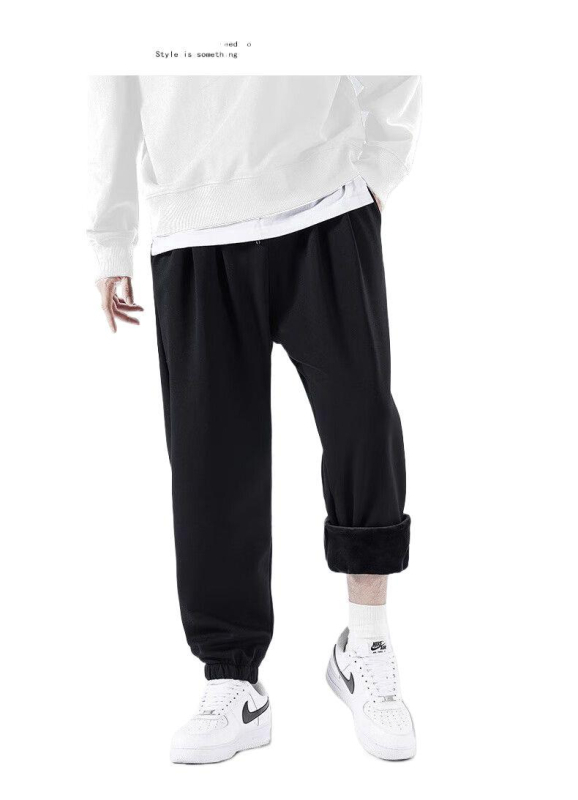 Férfi sportnadrág fleece-béléssel, vastag, magas derék, mikro-elasticitás, egyenes szabás