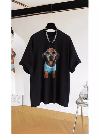 Tricou T‑shirt cu imprimeu câine desene animate, stil coreean, mânecă scurtă, guler rotund, 95% bumbac, croială lejeră, vara 2024