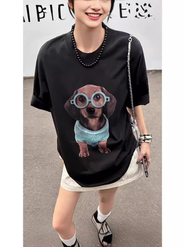 Tricou T‑shirt cu imprimeu câine desene animate, stil coreean, mânecă scurtă, guler rotund, 95% bumbac, croială lejeră, vara 2024