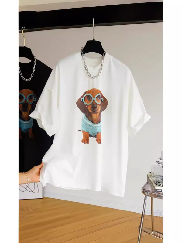 Tricou T‑shirt cu imprimeu câine desene animate, stil coreean, mânecă scurtă, guler rotund, 95% bumbac, croială lejeră, vara 2024