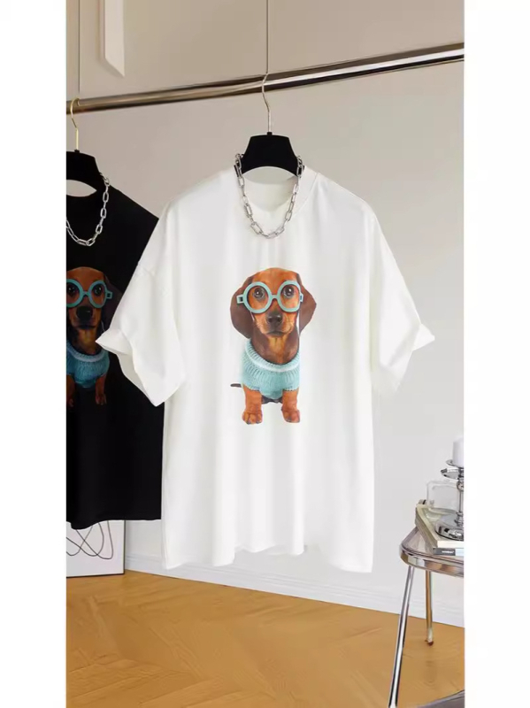 Tricou T‑shirt cu imprimeu câine desene animate, stil coreean, mânecă scurtă, guler rotund, 95% bumbac, croială lejeră, vara 2024