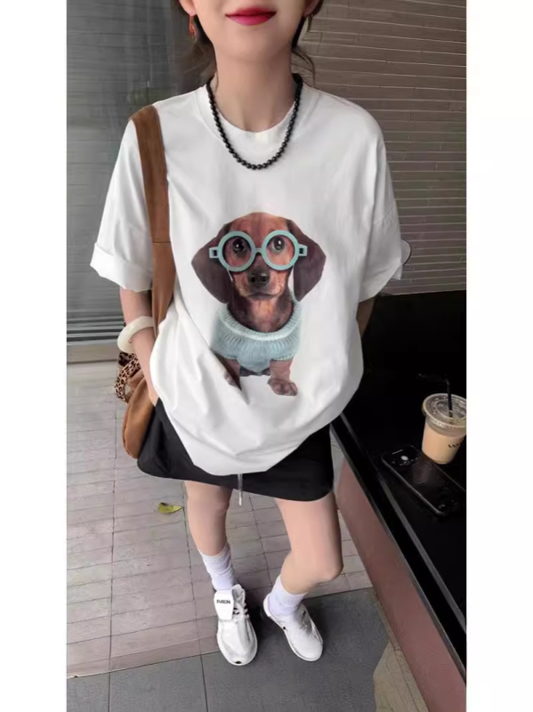 Tricou T‑shirt cu imprimeu câine desene animate, stil coreean, mânecă scurtă, guler rotund, 95% bumbac, croială lejeră, vara 2024