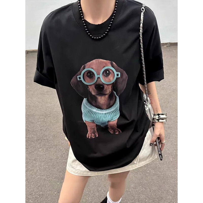 Tricou T‑shirt cu imprimeu câine desene animate, stil coreean, mânecă scurtă, guler rotund, 95% bumbac, croială lejeră, vara 2024