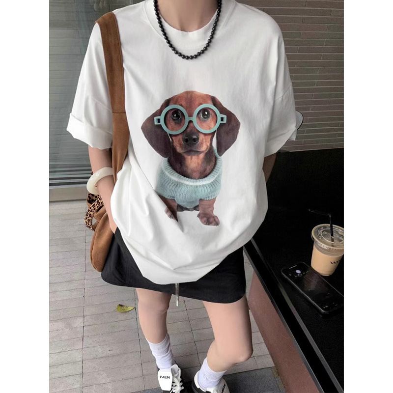 Tricou T‑shirt cu imprimeu câine desene animate, stil coreean, mânecă scurtă, guler rotund, 95% bumbac, croială lejeră, vara 2024