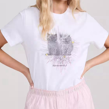 Pamut rövid ujjú póló kerek nyakkal, laza szabás, digitális nyomtatás macska betűmotívummal