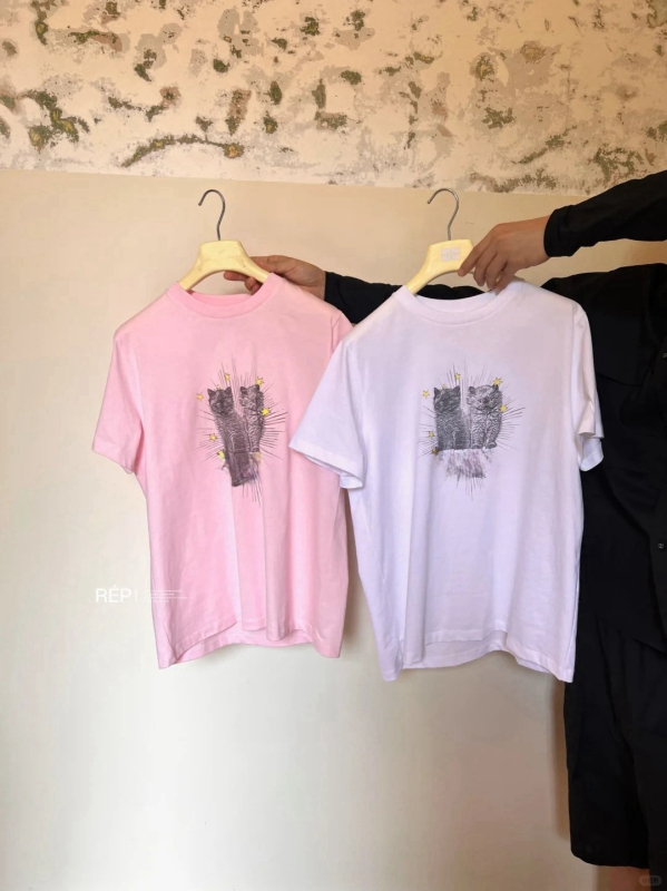 Pamut rövid ujjú póló kerek nyakkal, laza szabás, digitális nyomtatás macska betűmotívummal