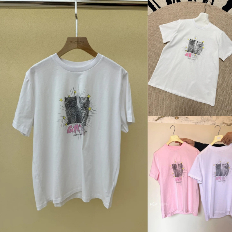 Pamut rövid ujjú póló kerek nyakkal, laza szabás, digitális nyomtatás macska betűmotívummal