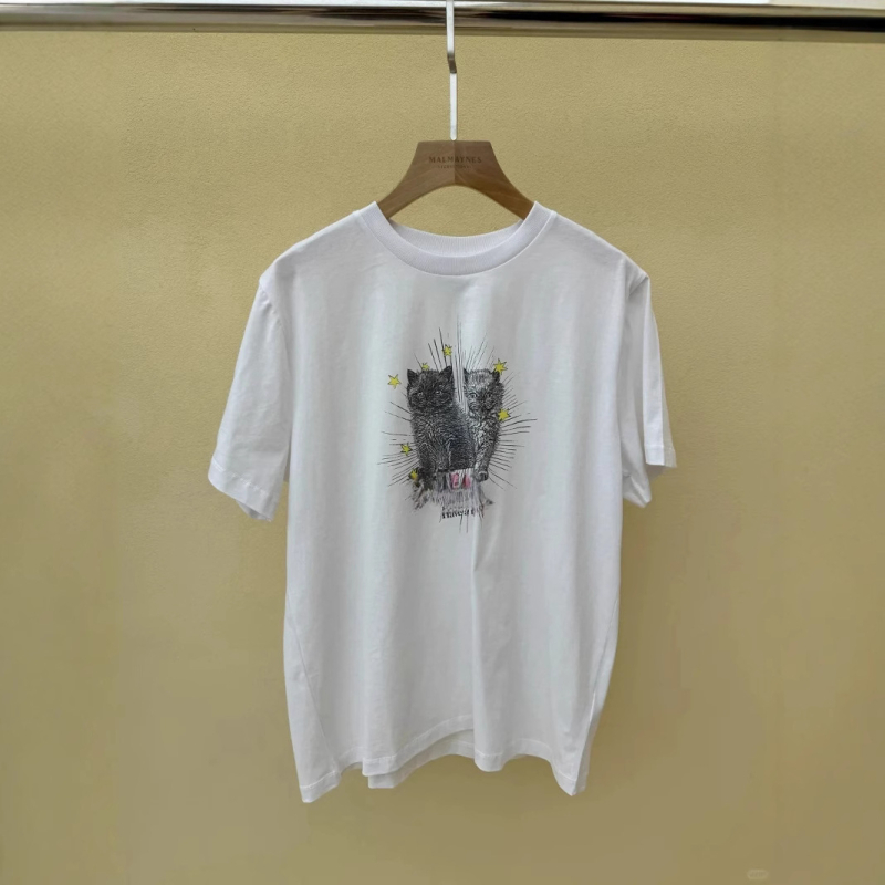 Pamut rövid ujjú póló kerek nyakkal, laza szabás, digitális nyomtatás macska betűmotívummal