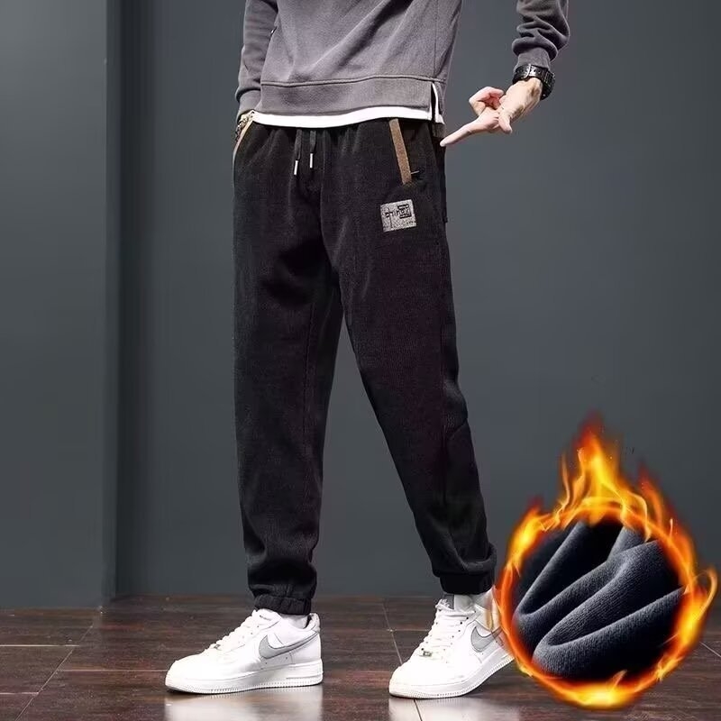 Muške corduroy hlače ravnog kroja s flisom, ležerni stil, visok pas, zima