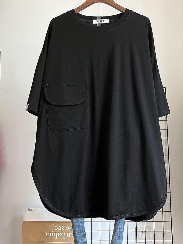 Ženski plus veličine ljetni lagani jednobojni T‑shirt top srednje dužine s kratkim rukavima, okrugli izrez, slobodan kroj