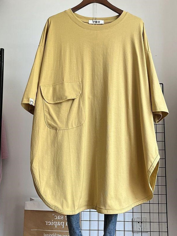 Ženski plus veličine ljetni lagani jednobojni T‑shirt top srednje dužine s kratkim rukavima, okrugli izrez, slobodan kroj