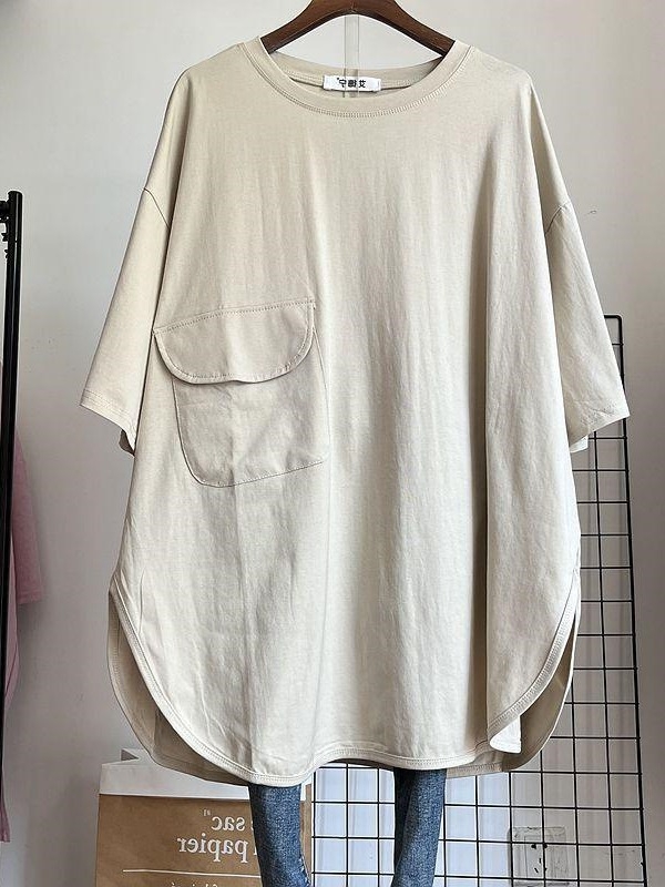 Ženski plus veličine ljetni lagani jednobojni T‑shirt top srednje dužine s kratkim rukavima, okrugli izrez, slobodan kroj