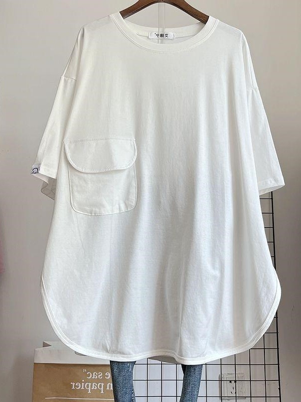 Ženski plus veličine ljetni lagani jednobojni T‑shirt top srednje dužine s kratkim rukavima, okrugli izrez, slobodan kroj