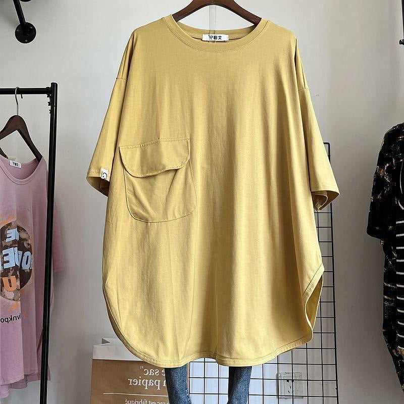 Ženski plus veličine ljetni lagani jednobojni T‑shirt top srednje dužine s kratkim rukavima, okrugli izrez, slobodan kroj