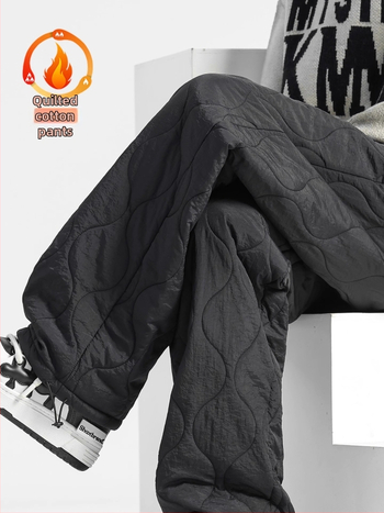 Pantaloni de iarnă pentru bărbați din nailon, căptușeală din fleece, croială dreaptă, talie medie, închidere cu șiret, model grilă, stil sport-casual