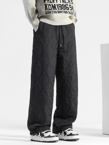 Pantaloni de iarnă pentru bărbați din nailon, căptușeală din fleece, croială dreaptă, talie medie, închidere cu șiret, model grilă, stil sport-casual