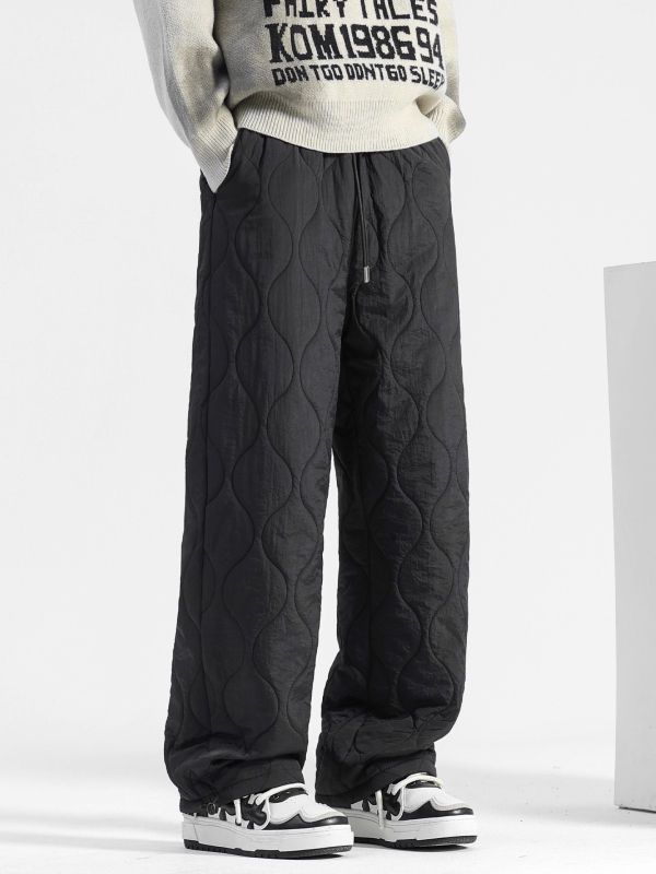 Pantaloni de iarnă pentru bărbați din nailon, căptușeală din fleece, croială dreaptă, talie medie, închidere cu șiret, model grilă, stil sport-casual