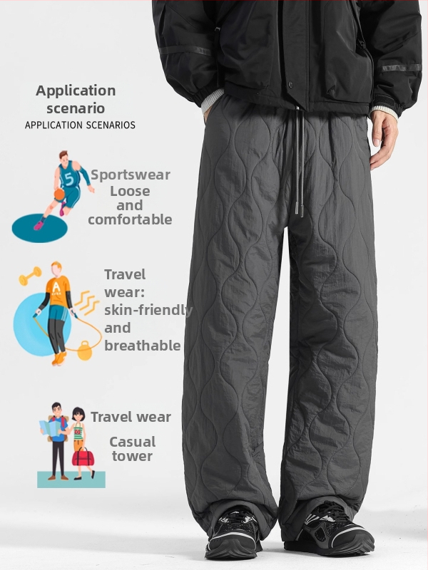 Pantaloni de iarnă pentru bărbați din nailon, căptușeală din fleece, croială dreaptă, talie medie, închidere cu șiret, model grilă, stil sport-casual