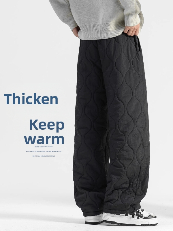 Pantaloni de iarnă pentru bărbați din nailon, căptușeală din fleece, croială dreaptă, talie medie, închidere cu șiret, model grilă, stil sport-casual