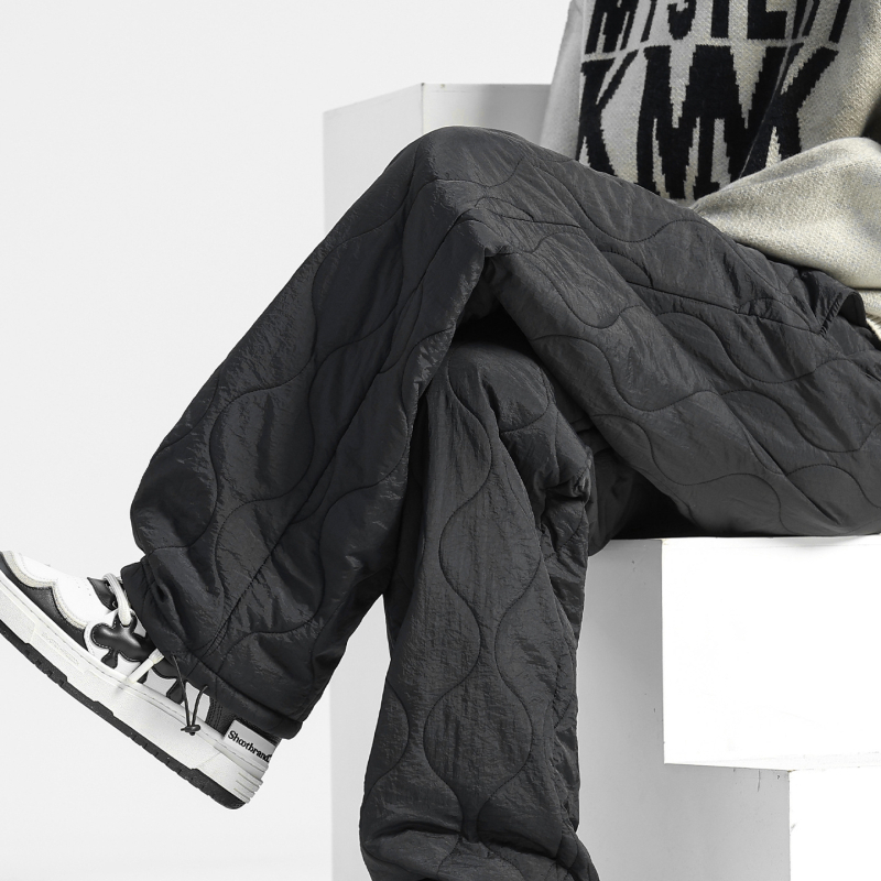 Pantaloni de iarnă pentru bărbați din nailon, căptușeală din fleece, croială dreaptă, talie medie, închidere cu șiret, model grilă, stil sport-casual