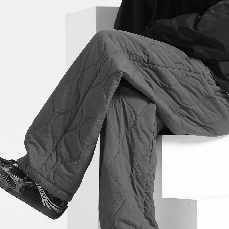 Pantaloni de iarnă pentru bărbați din nailon, căptușeală din fleece, croială dreaptă, talie medie, închidere cu șiret, model grilă, stil sport-casual