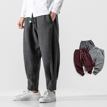 Pantaloni largi de iarnă, din amestec de bumbac cu fleece, stil chinezesc, talie medie, croială lejeră, șnur