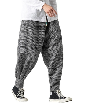 Pantaloni largi de iarnă, din amestec de bumbac cu fleece, stil chinezesc, talie medie, croială lejeră, șnur
