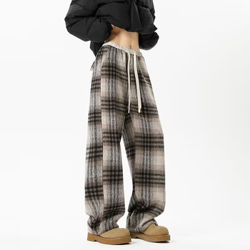 Unisex casual hlače ravnog kroja s kariranim uzorkom, flis podstava, zima, visoka elastičnost, zatvaranje šnira