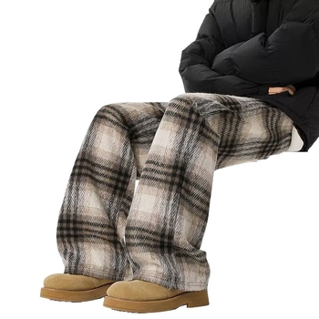 Unisex casual hlače ravnog kroja s kariranim uzorkom, flis podstava, zima, visoka elastičnost, zatvaranje šnira