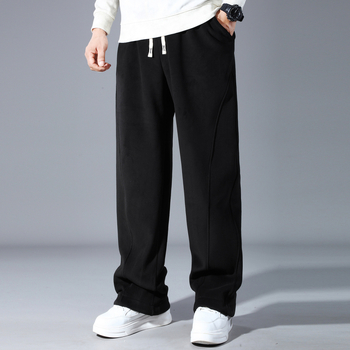 Pantaloni trening bărbați cu fleece, talie înaltă, șnur de închidere, croială dreaptă, iarnă, mărime plus