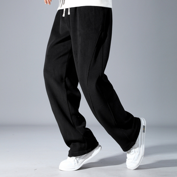 Pantaloni trening bărbați cu fleece, talie înaltă, șnur de închidere, croială dreaptă, iarnă, mărime plus