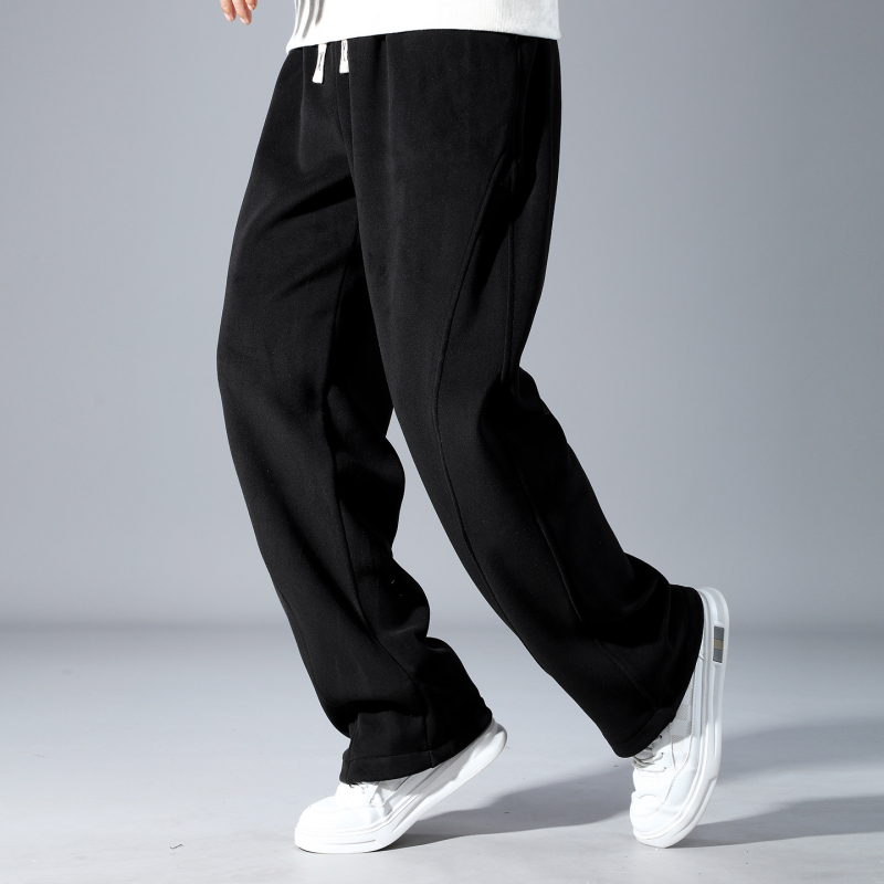 Pantaloni trening bărbați cu fleece, talie înaltă, șnur de închidere, croială dreaptă, iarnă, mărime plus