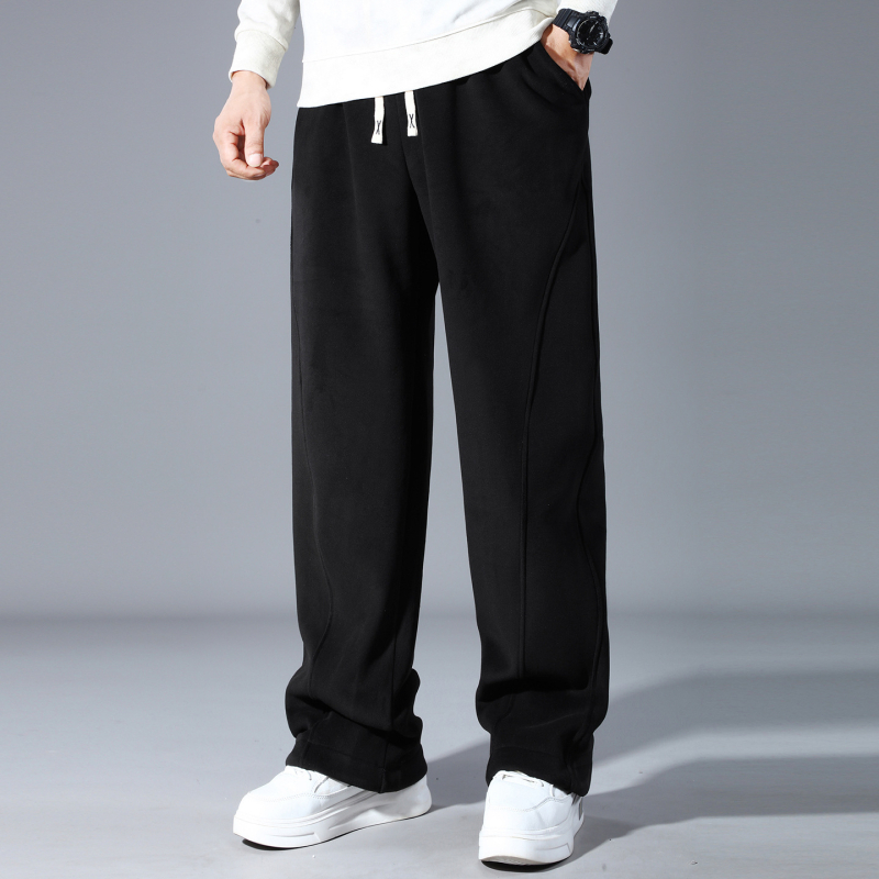 Pantaloni trening bărbați cu fleece, talie înaltă, șnur de închidere, croială dreaptă, iarnă, mărime plus