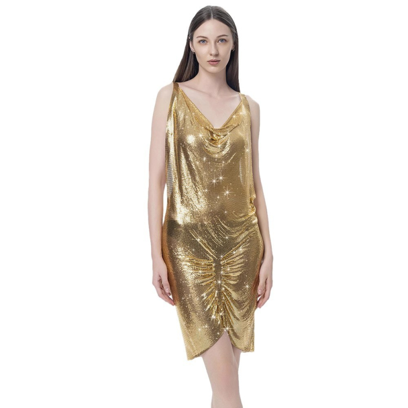 Μεταλλικό φόρεμα χωρίς πλάτη με τιράντες, street hipster στυλ, μήκος midi, ψηλή μέση, ασύμμετρο κόψιμο, μονόχρωμο ύφασμα