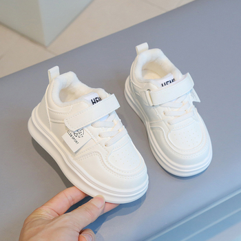 Pantofi sport pentru copii din piele artificială, căptușeală fleece, închidere Velcro, talpă PVC, iarnă