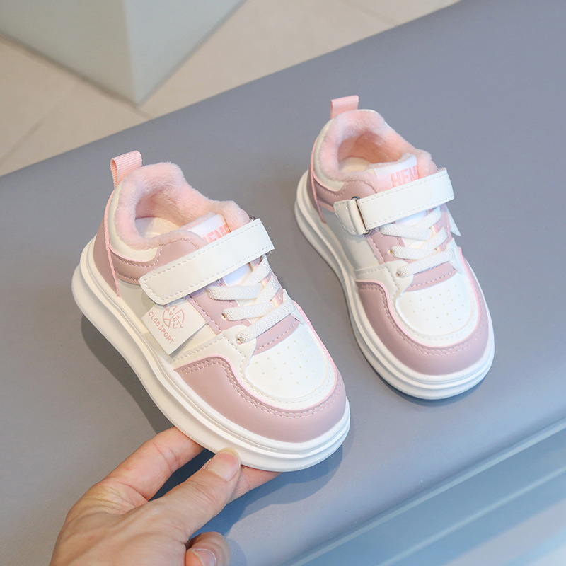 Pantofi sport pentru copii din piele artificială, căptușeală fleece, închidere Velcro, talpă PVC, iarnă