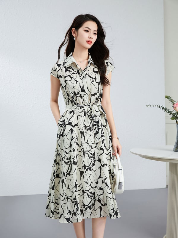 Haljina od Mulberry svile s cvjetnim uzorkom, srednja duljina, A-linija kroja, ovratnik Lapel, kratki rukav, elastičan pojas