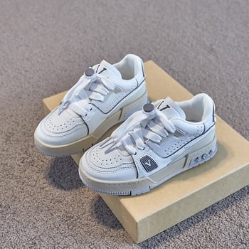 Bērnu baltas ādas sporta kurpes ar zemu augšdaļu, elpojoša sietveida odere, gumijas zole, unisex